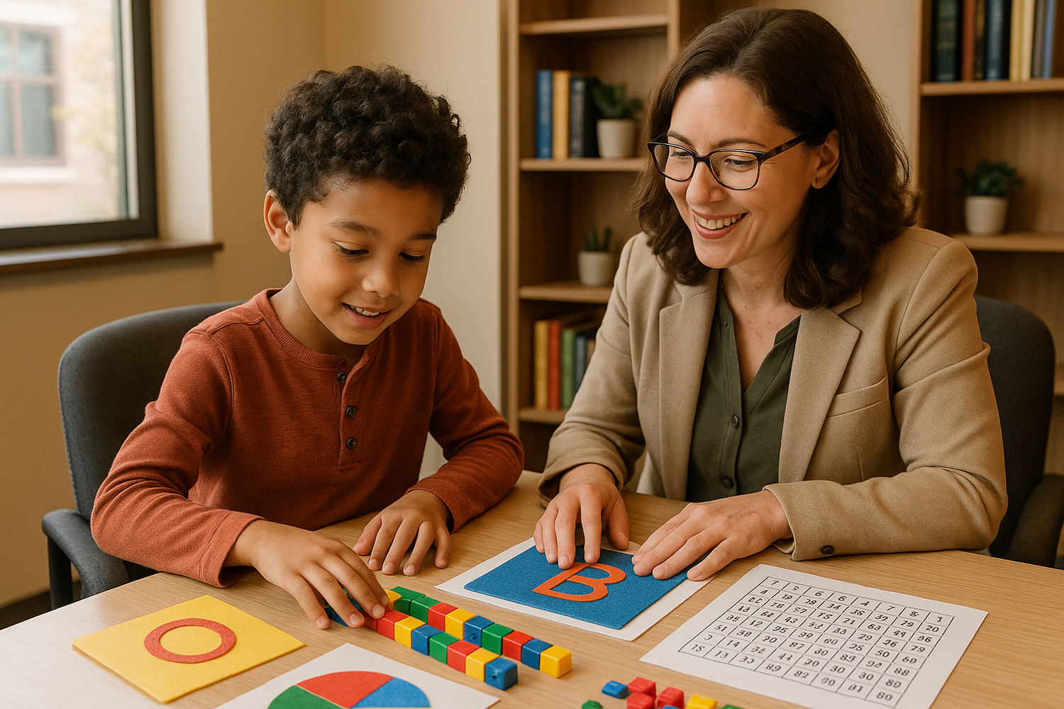 Generate an image of a student learning one on one with a multi sensory approach in the office
