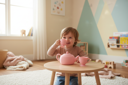 Child having a tea party with 3D printed pink tea set toy