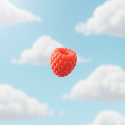 3D printed raspberry toy against pastel blue sky