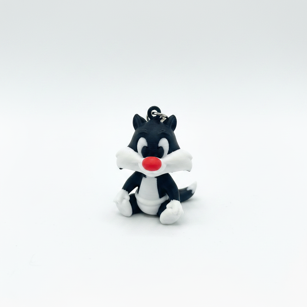 3D printed black and white cat keyring figurine on white background