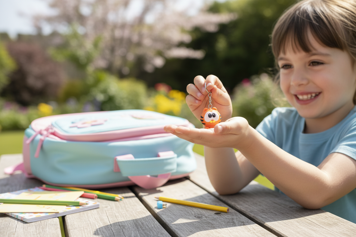 Child holding 3D printed orange tiger cat keyring