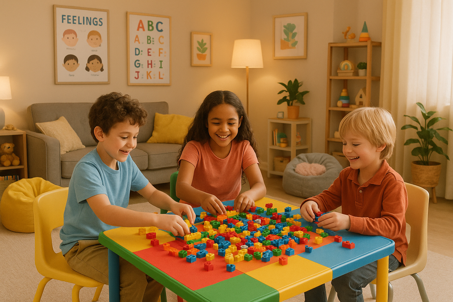 Please generate an image of three children playing Lego with a therapist